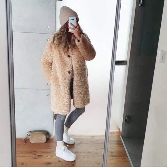 Zara Faux Fur Long Teddy Sherpa Jacket Coat Natural Beige Size Small 8490/241 - Picture 16 of 16